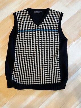 Mexx Black V-Neck Argyle Knit Vest with Beige and Blue Stripe